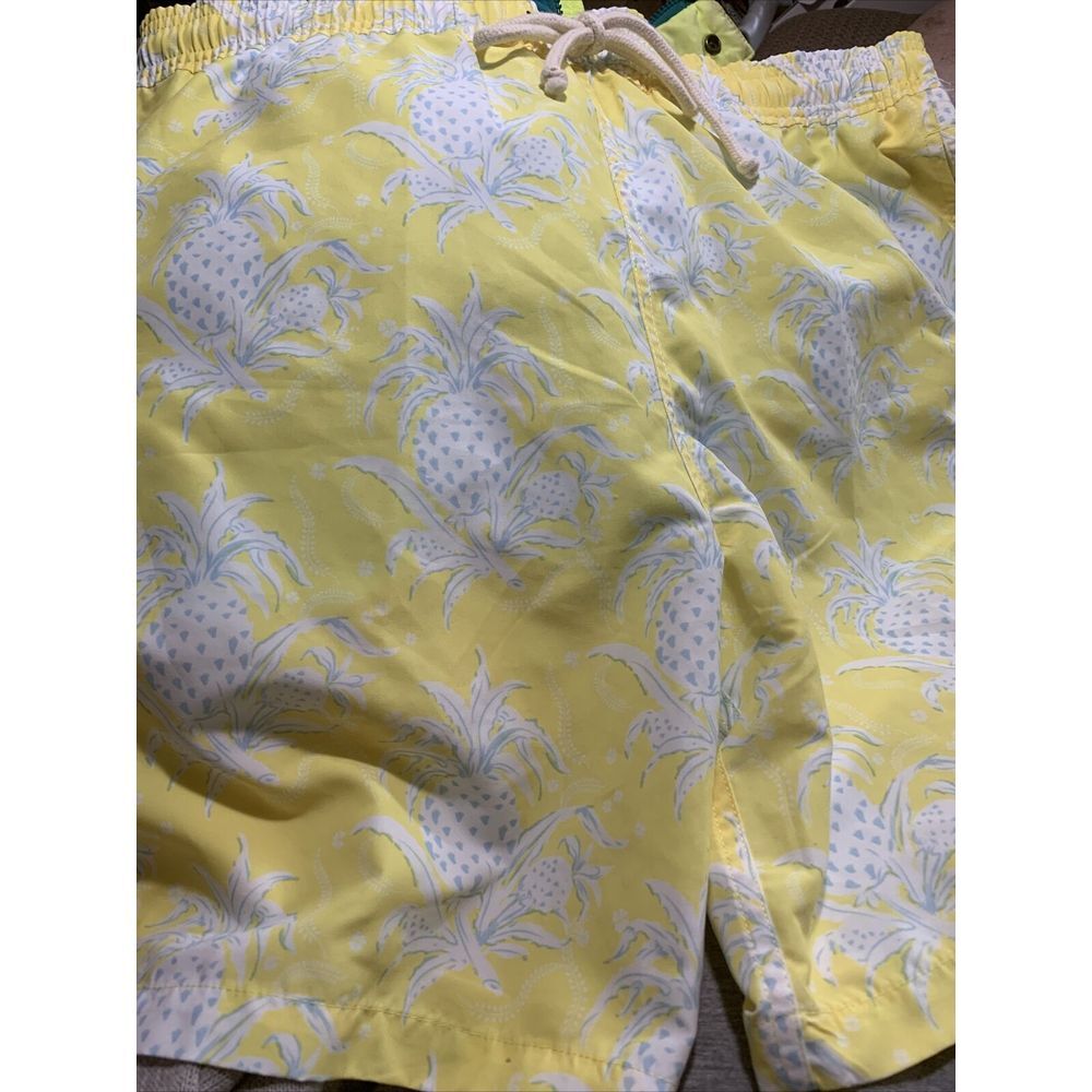 EUC Strong Boalt Yellow White Blue Fruit Print Swim Trunks/Pockets XL